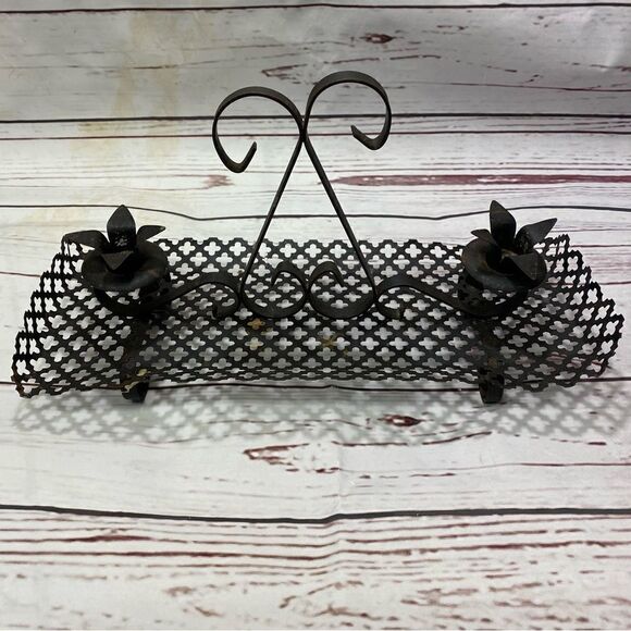 Mid Century Black Perforated Metal Shelf and Matching Candlestand - Picture 4 of 10